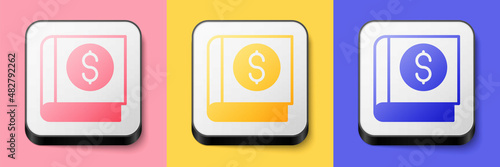 Isometric Financial book icon isolated on pink, yellow and blue background. Square button. Vector