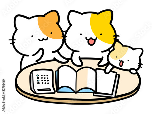 将来の計画を立てるかわいいねこ家族の手書き風イラスト