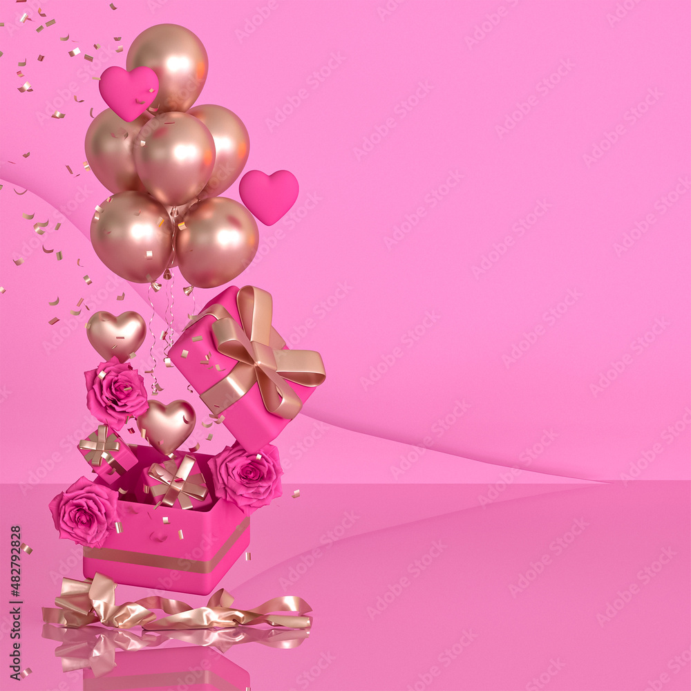 Banner, greeting card Happy Valentine's Day, all lovers, flying boxes with bows, heart, golden balloons, pink paper rose flowers, glitter tinsel, 3d rendering