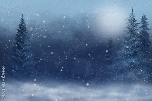 Winter christmas new year background, tall beautiful fir trees, pine trees, blurred background, flying snow, night sky, blizzard, 3d rendering