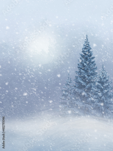 Winter christmas new year background, tall beautiful fir trees, pines, blurred background, flying snow, blizzard, 3d rendering