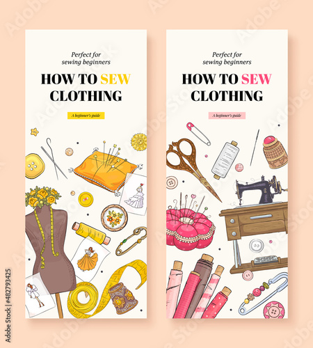 Sewing course vertical banners set. Hand drawn illustration of sewing tools