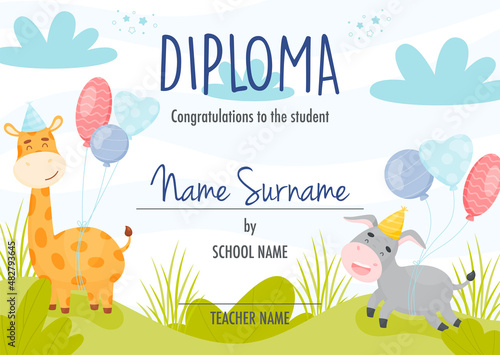 Diploma certificate concept template,  with cute cartoon donkey character with balloons.