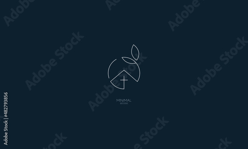 A line art icon logo of a church with a leaf circle.