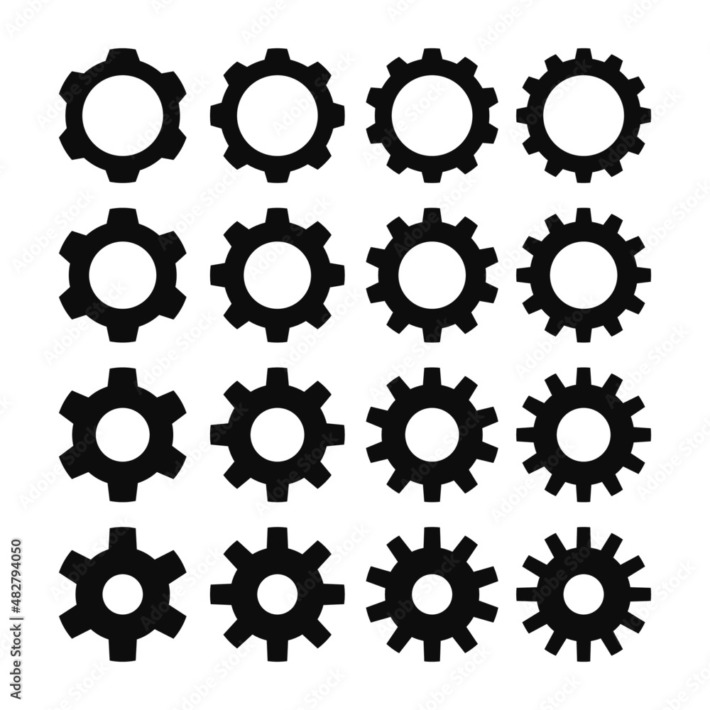 Vector set of simple black cog wheel symbols. From six point to twelve cog wheels icon collection Vector set of simple black cog wheel symbols. From six point to twelve cog wheels icon collection
