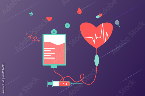 Volunteers donating blood. Blood donor charity concept. World blood donor day, health care for banner, poster, card, UI, web. Landing page template for blood bank or hospital. Flat vector illustration