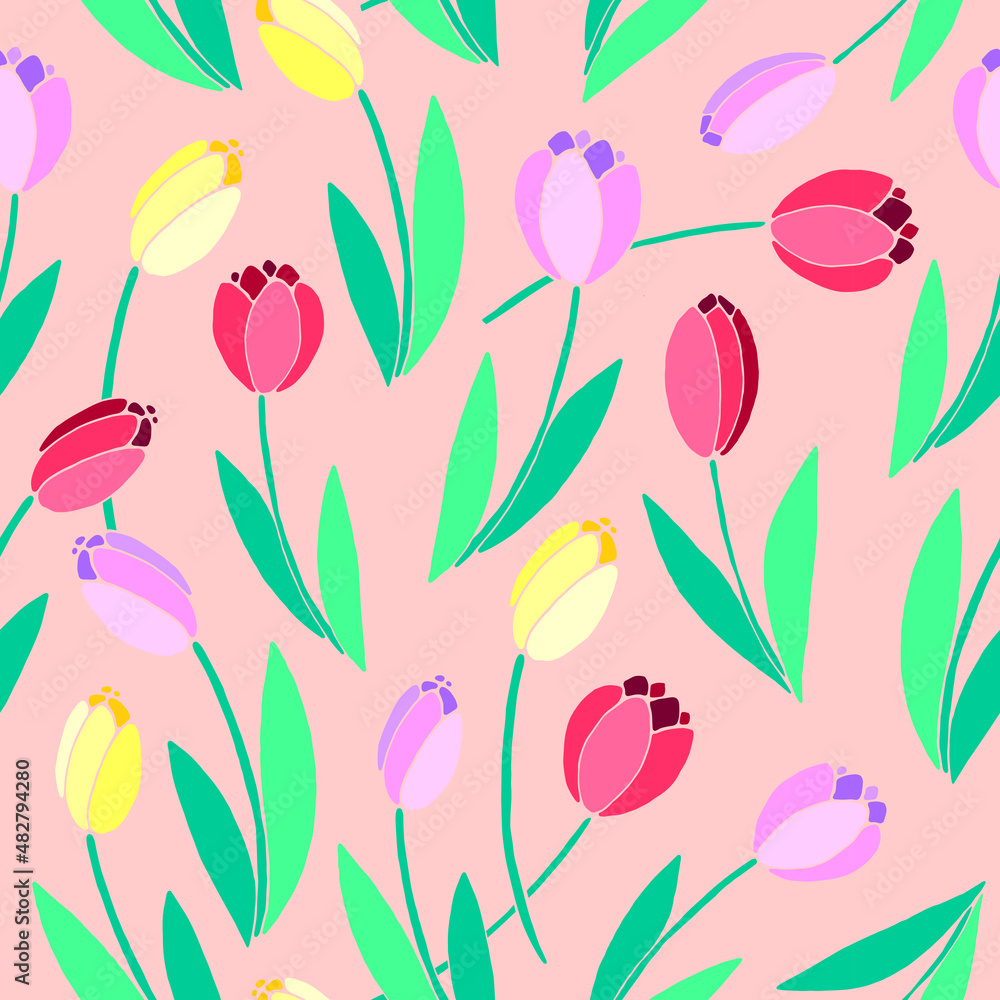 Vector bright seamless pattern with scattered red, pink, yellow tulip flowers. Spring holiday texture for wrapping paper, textile, greeting card, mother's, women's or Valentine's Day Vector bright seamless pattern with scattered red, pink, yellow tulip flowers. Spring holiday texture for wrapping paper, textile, greeting card, mother's, women's or Valentine's Day