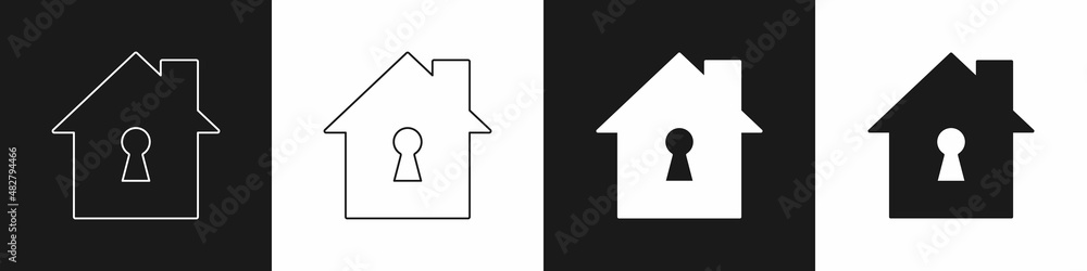 Set House under protection icon isolated on black and white background. Home and shield. Protection, safety, security, protect, defense concept. Vector Set House under protection icon isolated on black and white background. Home and shield. Protection, safety, security, protect, defense concept. Vector