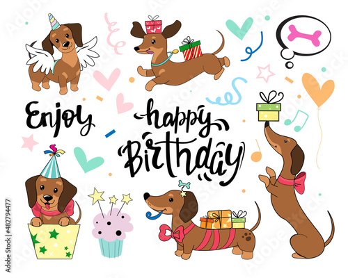 Birthday collection with dachshund dogs, cake and greeting lettering. Vector illustration isolated