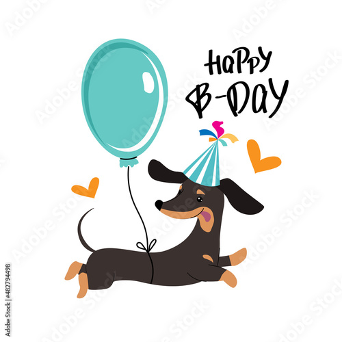 Dachshund in a hot air balloon and the inscription Happy Birthday. Vector cartoon illustration. greeting card