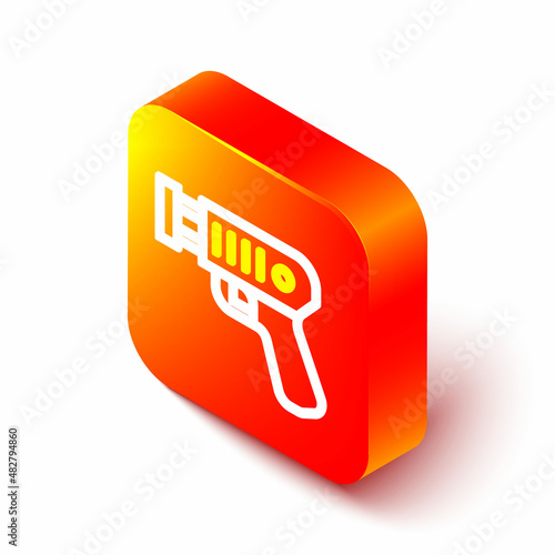 Isometric line Police electric shocker icon isolated on white background. Shocker for protection. Taser is an electric weapon. Orange square button. Vector