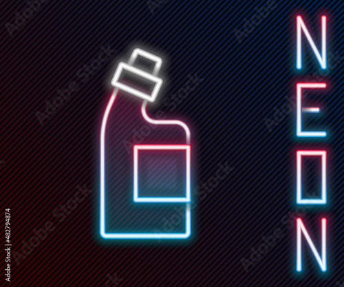 Glowing neon line Plastic bottle for laundry detergent, bleach, dishwashing liquid or another cleaning agent icon isolated on black background. Colorful outline concept. Vector