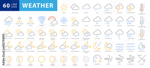 Weather icons set isolated on a white background. Clouds logo and sign collection. Black, blue and yellow colors. Simple modern design. Flat style vector illustration