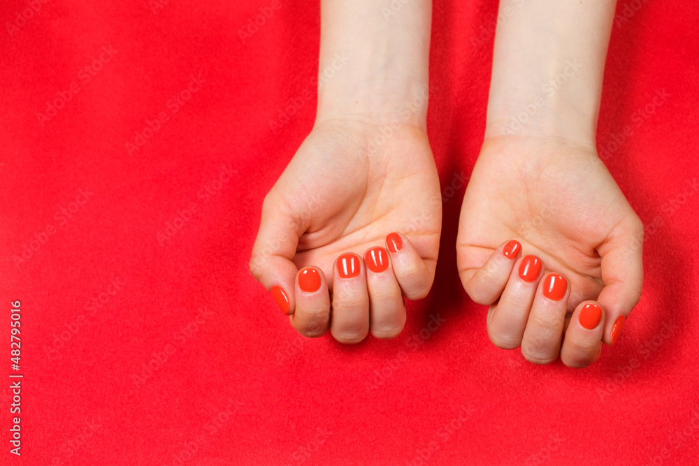 Women's hands with red color nail polish on short nails, copy space for text. Women's hands with red color nail polish on short nails, copy space for text.