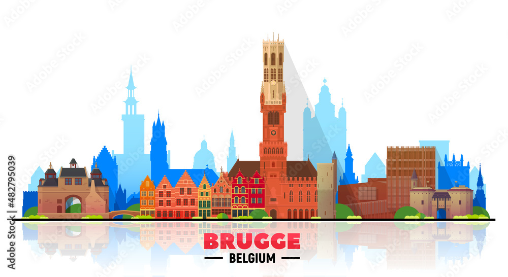 Obraz premium Bruges ( Brugge ) Belgium skyline with panorama at white background. Vector Illustration. Business travel and tourism concept with modern buildings. Image for banner or website.