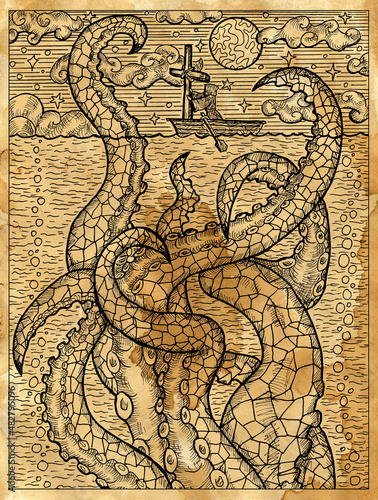 Foto Old paper textured Fantasy illustration of sea monster Leviathan and monk with cross on the boat
