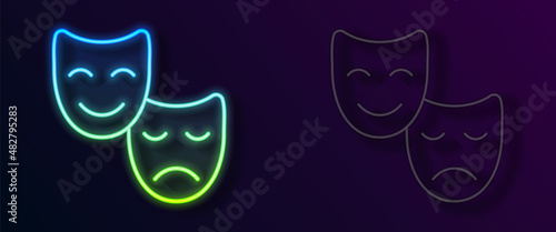 Glowing neon line Comedy and tragedy theatrical masks icon isolated on black background. Vector