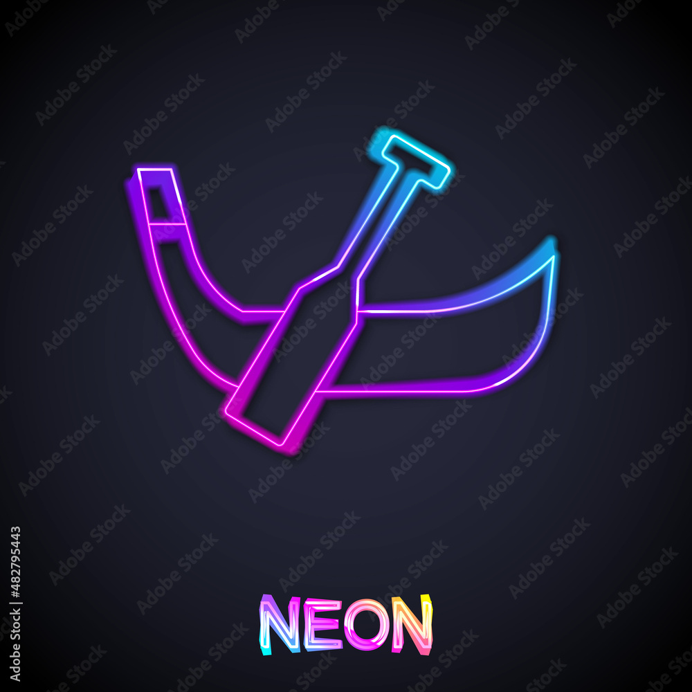 Glowing neon line Gondola boat italy venice icon isolated on black background. Tourism rowing transport romantic. Vector Glowing neon line Gondola boat italy venice icon isolated on black background. Tourism rowing transport romantic. Vector