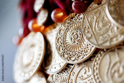 Closeup of vintage golden jewelry with ornate pattern