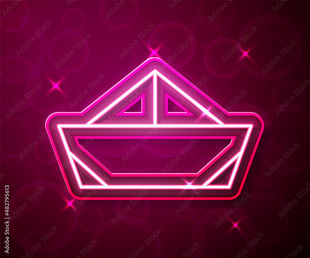 Glowing neon line Folded paper boat icon isolated on red background. Origami paper ship. Vector Glowing neon line Folded paper boat icon isolated on red background. Origami paper ship. Vector