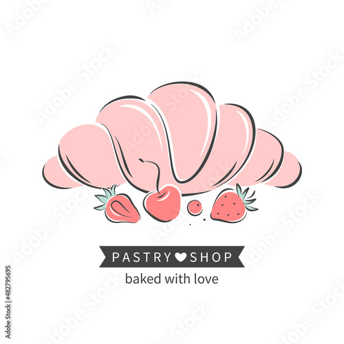 Сroissant or bagel and berries. Pastry and bread shop. Vector illustration for logo, menu, recipe book, baking shop, cafe, restaurant.