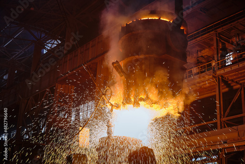 Ingot casting, casting foundry. Ladle-furnace. Iron smelting, Steel production. Electric steel furnace. Metallurgy. Industry steel production. 