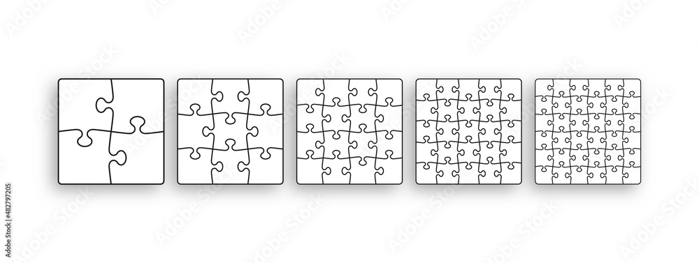 Puzzle pieces set. Jigsaw outline grid. Modern background with separate shapes. Scheme of thinking game. Simple mosaic frame tiles. Cutting template with details. Vector illustration. Marketing banner Puzzle pieces set. Jigsaw outline grid. Modern background with separate shapes. Scheme of thinking game. Simple mosaic frame tiles. Cutting template with details. Vector illustration. Marketing banner