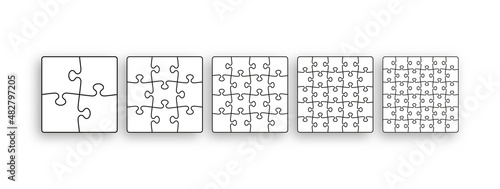 Puzzle pieces set. Jigsaw outline grid. Modern background with separate shapes. Scheme of thinking game. Simple mosaic frame tiles. Cutting template with details. Vector illustration. Marketing banner