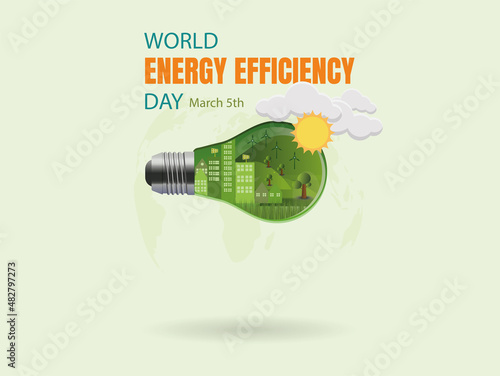 Vector world energy efficiency day.light bulb with green plant icon. Efficient city inside light bulb.Vector EPS10