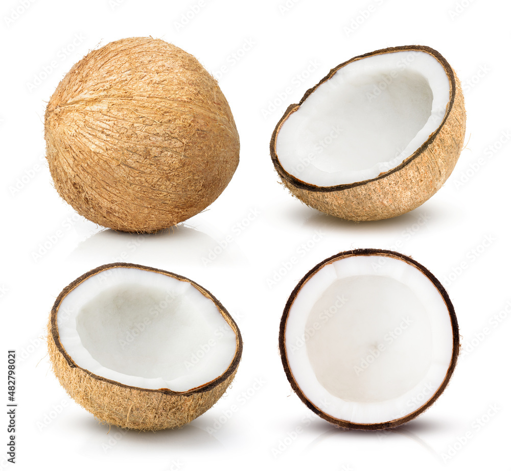 Collection of coconut fruit and slices isolated on white background. Collection of coconut fruit and slices isolated on white background.
