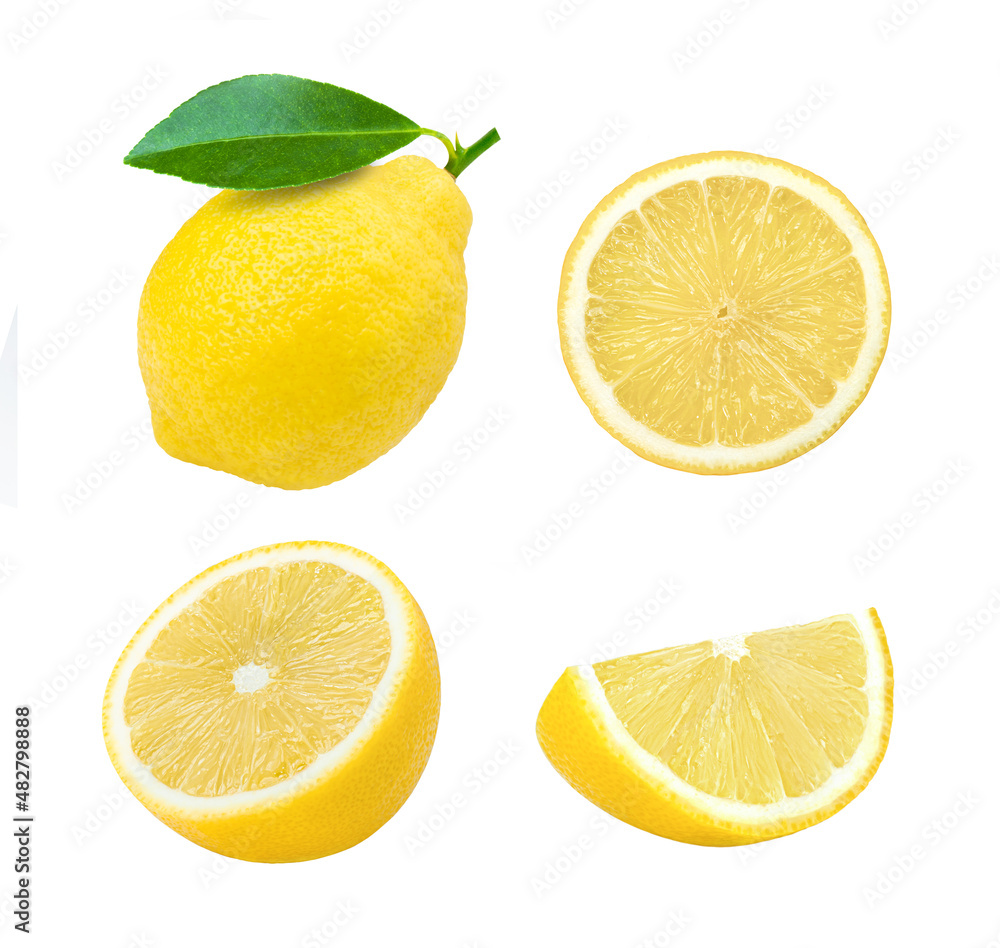 Collection of Lemon lime fruit with green leaf and cut in half slice isolated on white background.