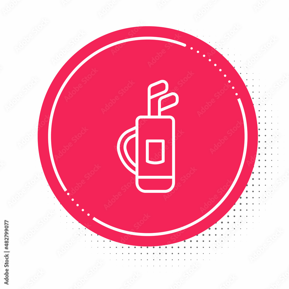 White line Golf bag with clubs icon isolated on white background. Red circle button. Vector White line Golf bag with clubs icon isolated on white background. Red circle button. Vector