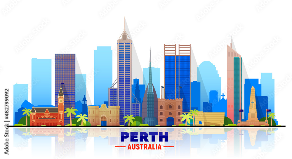 Perth Australia skyline with panorama in sky background. Vector Illustration. Business travel and tourism concept with modern buildings. Image for banner or website
