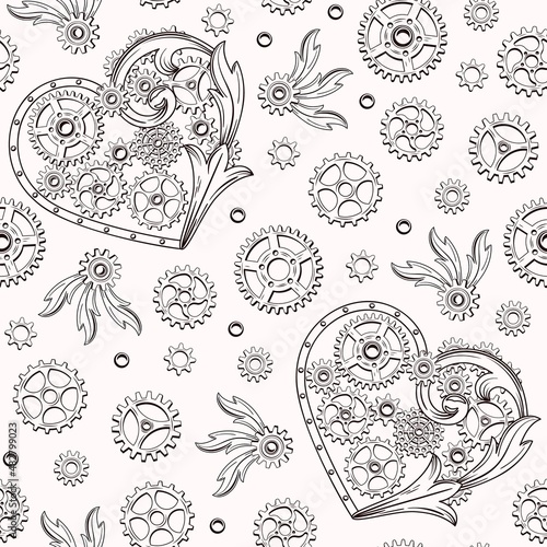 Seamless pattern with heart, gears, rivets, victorian elements in steampunk style. Black elements on a white background.