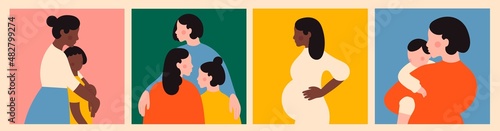 Portrait of a Mother holding and hugging her kids. Pregnant lady. Loving family, parenthood, togetherness, childcare concept. Happy Mother's Day. Hand drawn Vector set. Square isolated illustrations