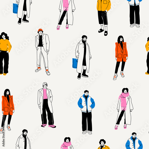 Street fashion look. Young men and women dressed in stylish trendy oversized clothing. Models standing in various poses. Korean japanese asian cartoon style. Hand drawn Vector seamless Pattern