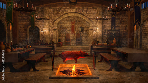 Medieval Viking dining hall interior with a pig roasting over an open fire and thrones in an archway in the background. 3D illustration.