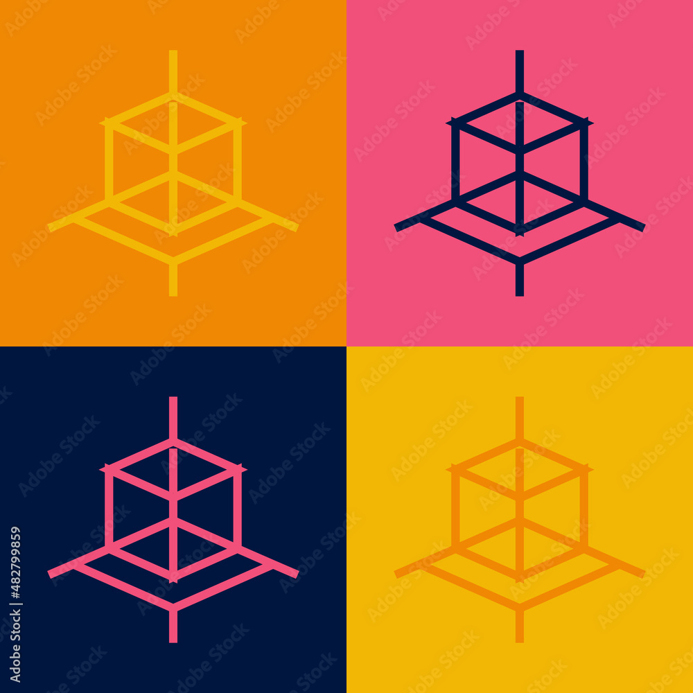 Pop art line 3d modeling icon isolated on color background. Augmented reality or virtual reality. Vector Pop art line 3d modeling icon isolated on color background. Augmented reality or virtual reality. Vector