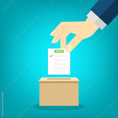 Hand holding voting ballot and ballot box. Voting and election concept. Ballot Box Icon. Vector illustration. 