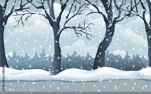 seamless winter forest landscape. Trees in snow. snowy nature illustration. endless parallax game background with snowfall, woods, snowdrifts, road and sky. horizontal scenic panorama for design.