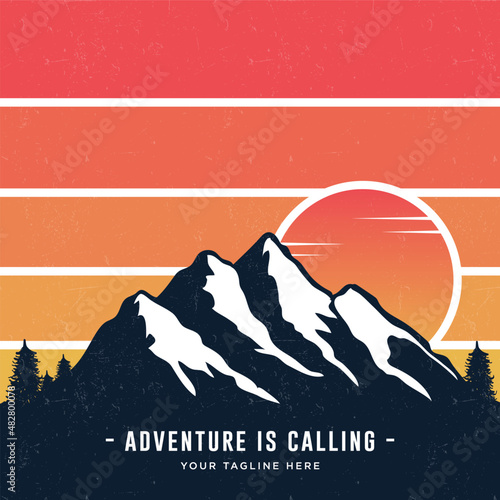 Vintage styled mountains banner design with Adventure is calling caption. Mountains sunset silhouette. Vector illustration.
