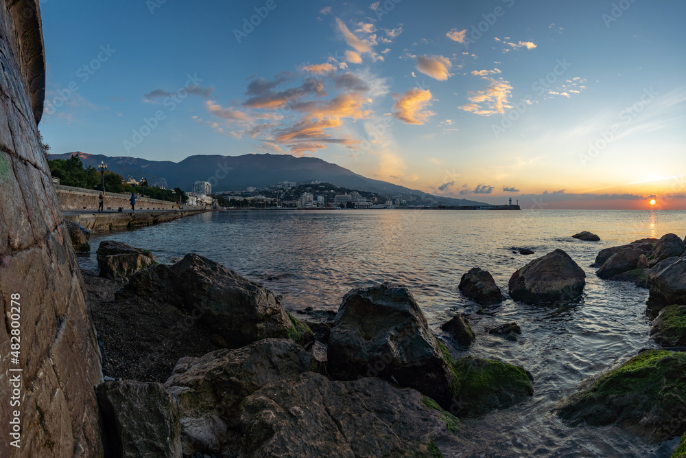 Beautiful sunrise on the Yalta embankment