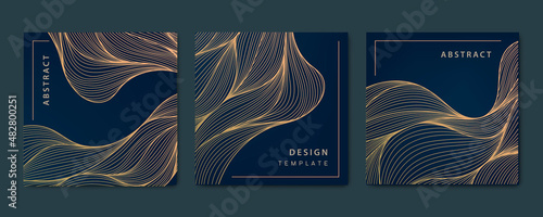Vector set of abstract luxury golden square cards, post templates for social net, wavy line art background. Art Deco Pattern, texture for print, fabric, packaging design