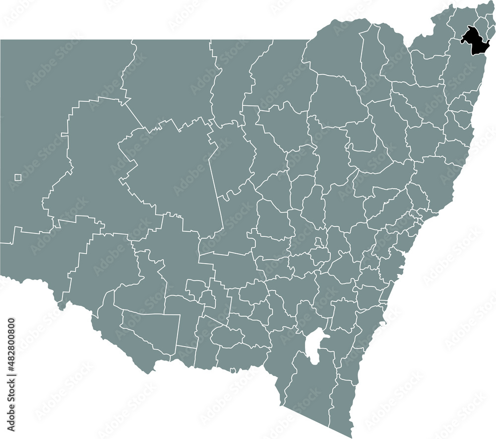 Fototapeta premium Black flat blank highlighted location map of the RICHMOND VALLEY COUNCIL AREA inside gray administrative map of districts of Australian state of New South Wales, Australia