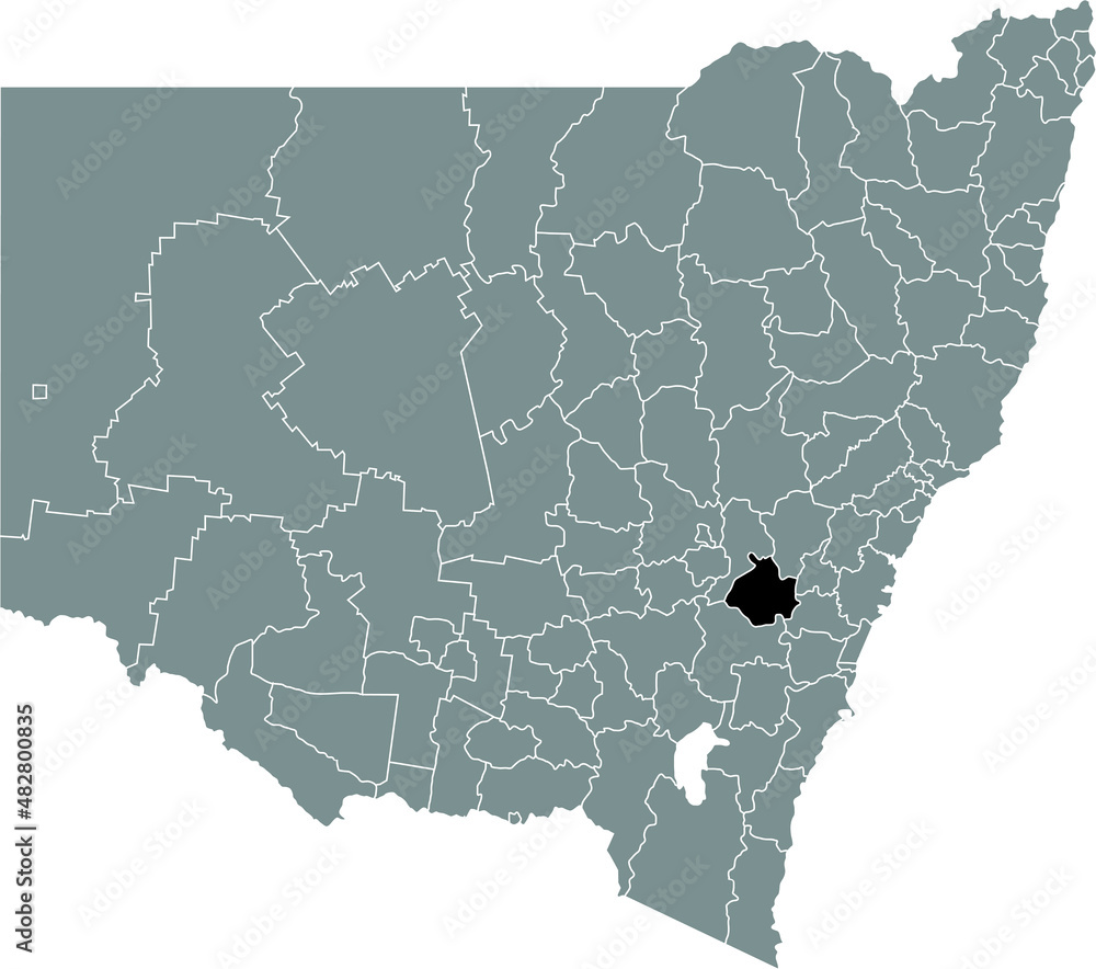 Obraz premium Black flat blank highlighted location map of the OBERON SHIRE AREA inside gray administrative map of districts of Australian state of New South Wales, Australia