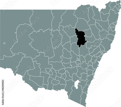 Black flat blank highlighted location map of the WARRUMBUNGLE SHIRE AREA inside gray administrative map of districts of Australian state of New South Wales, Australia