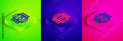 Isometric line Table football game hobby or leisure icon isolated on green, blue and pink background. Sport team football players. Square button. Vector