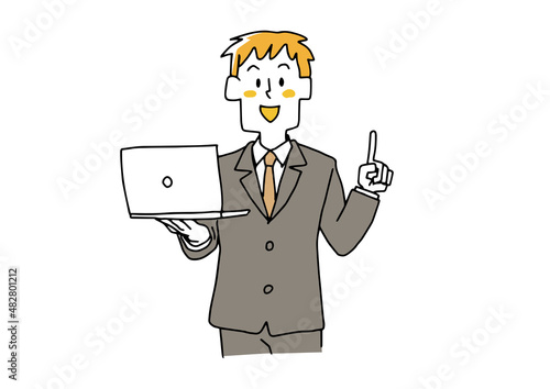ノートパソコンを手に説明をする若い男性　コミカルな手書きの人物　ベクター、線画にシンプルな色つけ