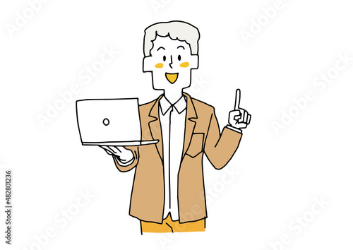 ノートパソコンを手に説明をする男性　コミカルな手書きの人物　ベクター、線画にシンプルな色つけ