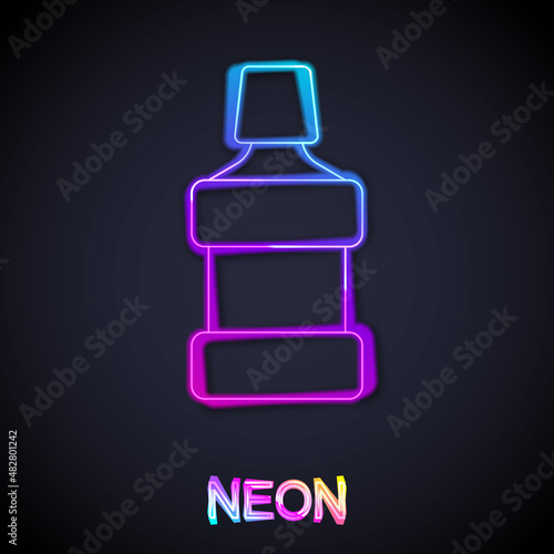 Glowing neon line Mouthwash plastic bottle icon isolated on black background. Liquid for rinsing mouth. Oralcare equipment. Vector